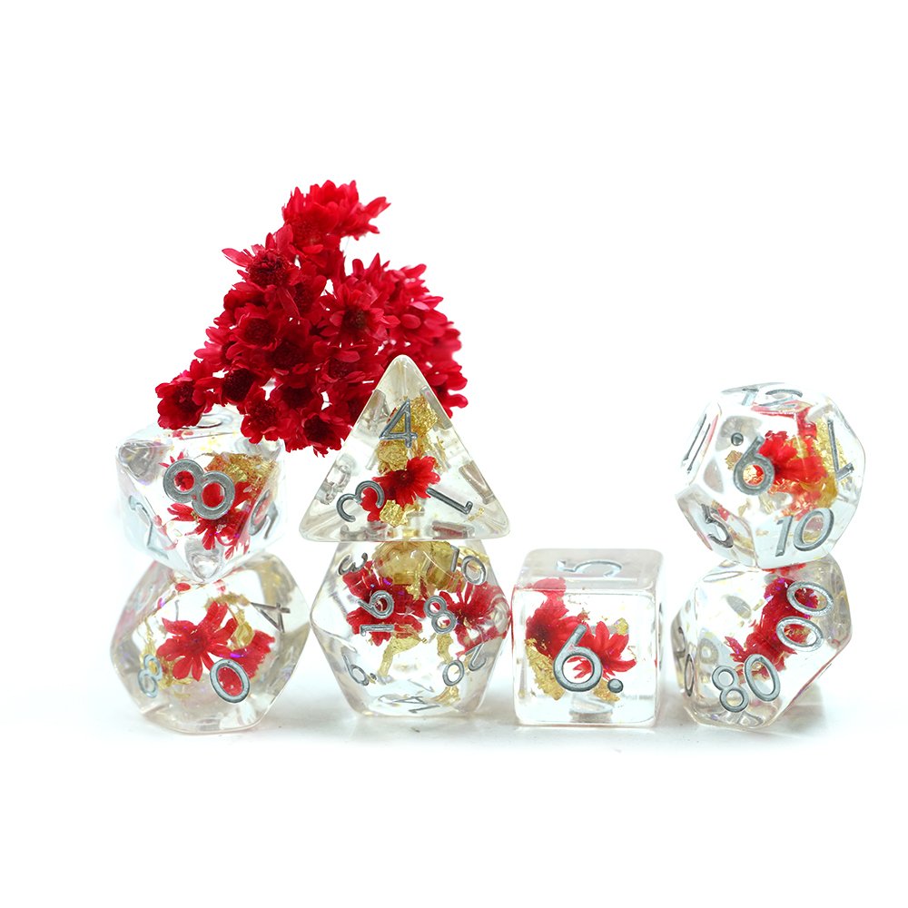 7 Piece Polyhedral Dnd Custom Translucent Clear Dice Set With Red Flower Inside