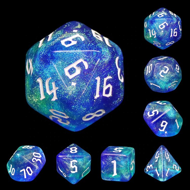 HD Cosmic Blue Nebula Glitter RPG Plastic dice set wholesale custom glitter dice