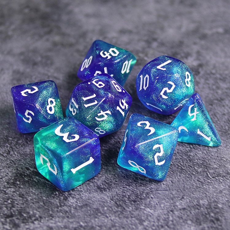 HD Cosmic Blue Nebula Glitter RPG Plastic dice set wholesale custom glitter dice