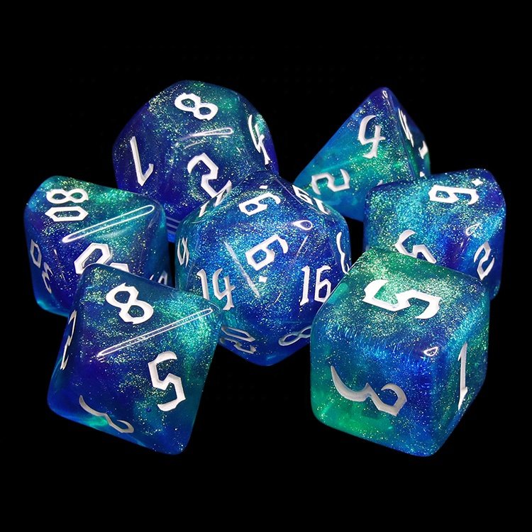HD Cosmic Blue Nebula Glitter RPG Plastic dice set wholesale custom glitter dice