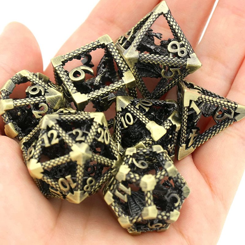 Mini Planet Wholesale RPG Board Games Handmade polyhedral Hollow Copper Metal 7pcs Dice Set Custom Logo for DND MTG Players