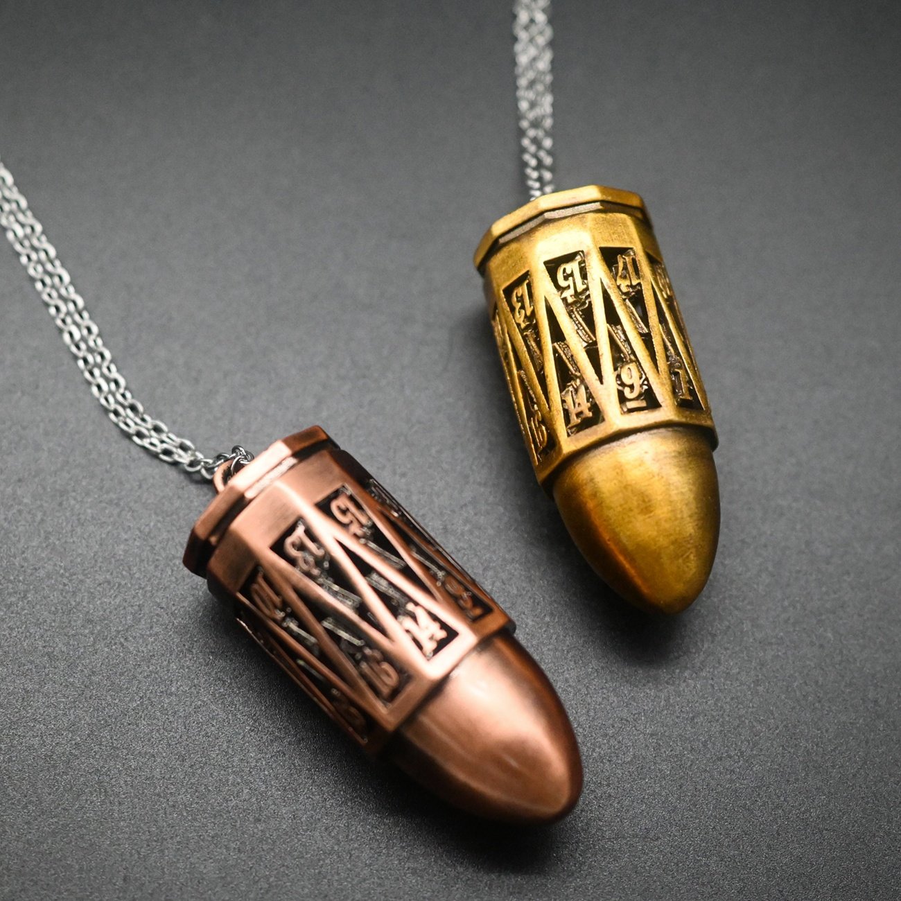 DND Metal Dice Necklace Pendant Polyhedral Hollow Bullet Dice Box with Chain