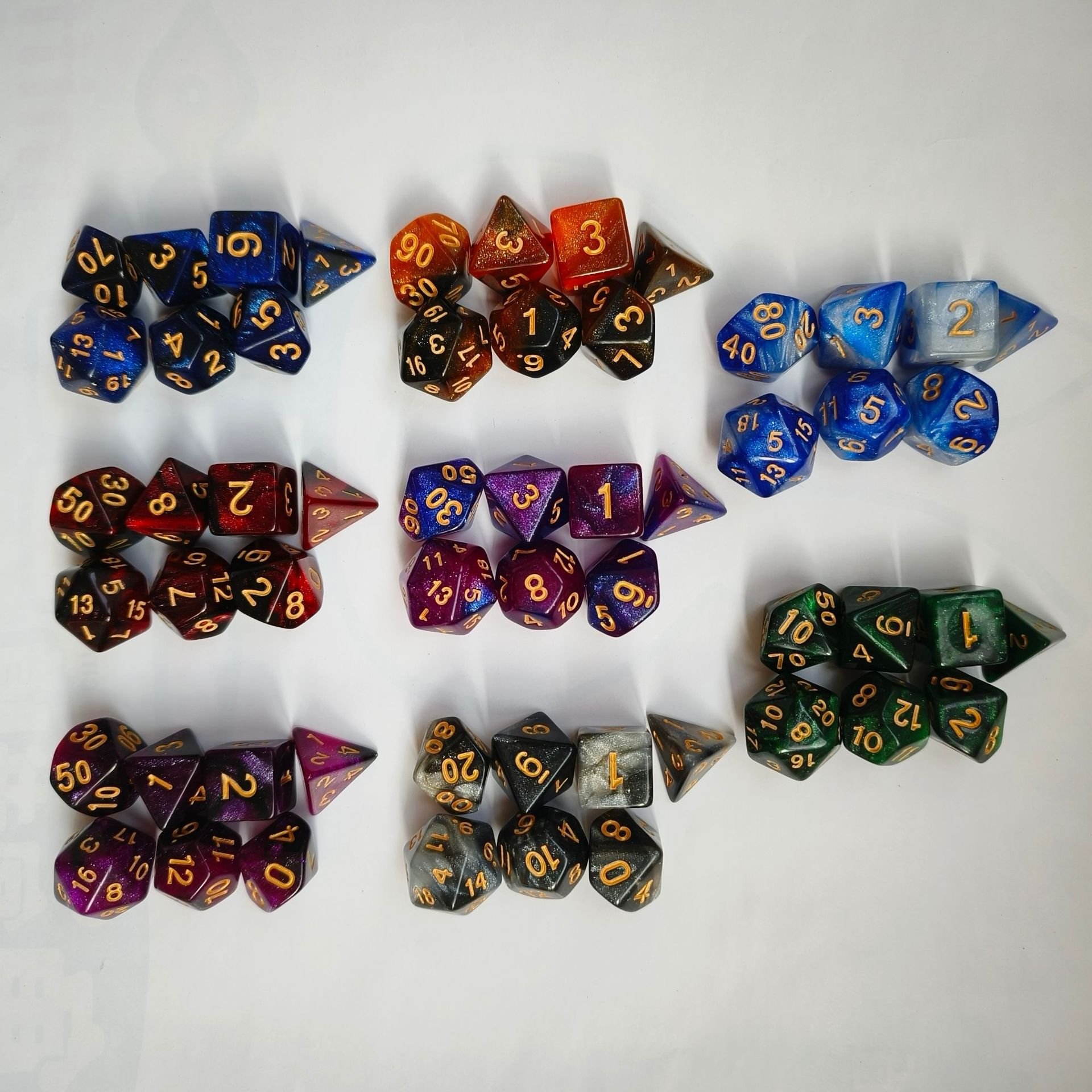7 Piece Acrylic Polyhedral DND Dice Set Two Color Starry Sky Design Multiple Colors Available Wholesale