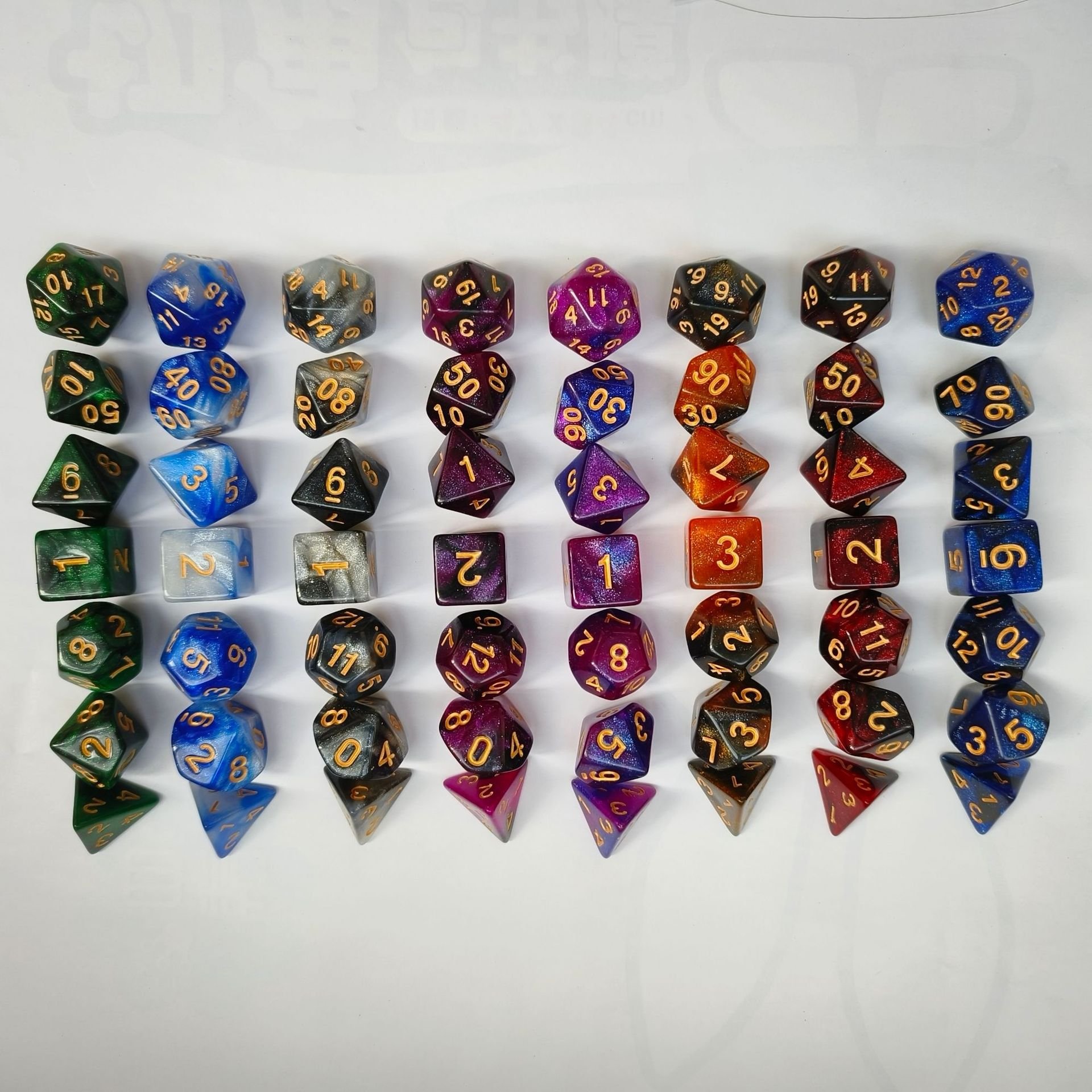 7 Piece Acrylic Polyhedral DND Dice Set Two Color Starry Sky Design Multiple Colors Available Wholesale