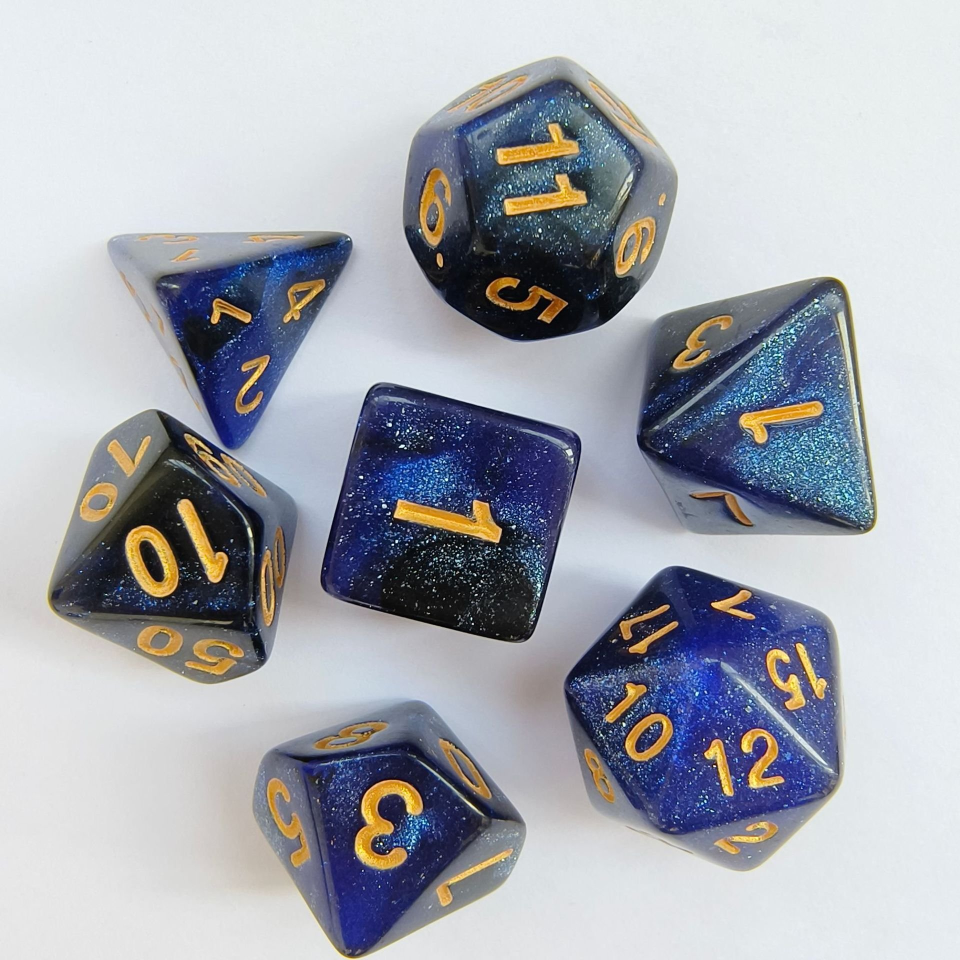 7 Piece Acrylic Polyhedral DND Dice Set Two Color Starry Sky Design Multiple Colors Available Wholesale