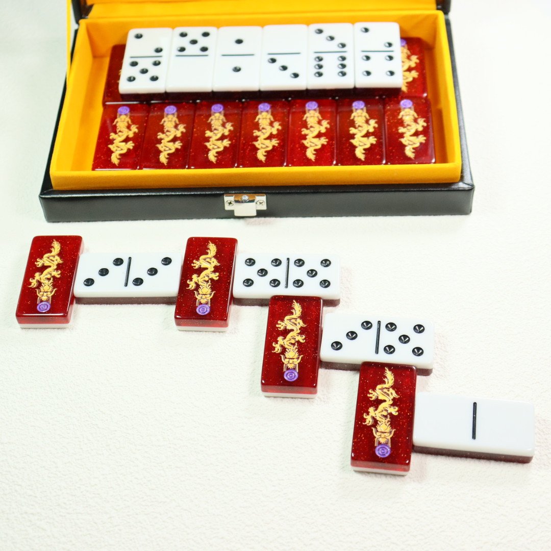 Factory direct sale double six red white and twotoned acrylic domino set with black dot