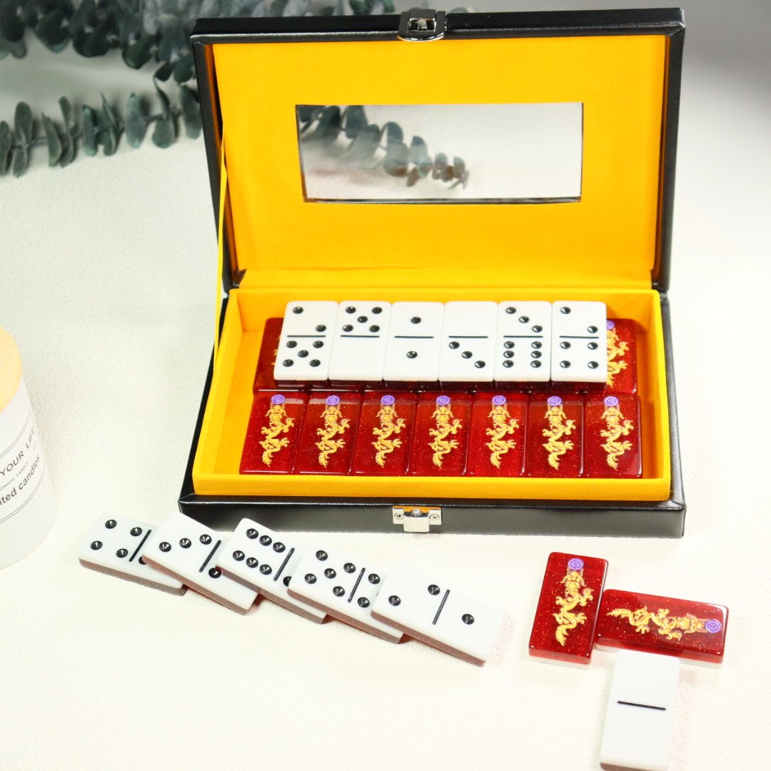 Factory direct sale double six red white and twotoned acrylic domino set with black dot