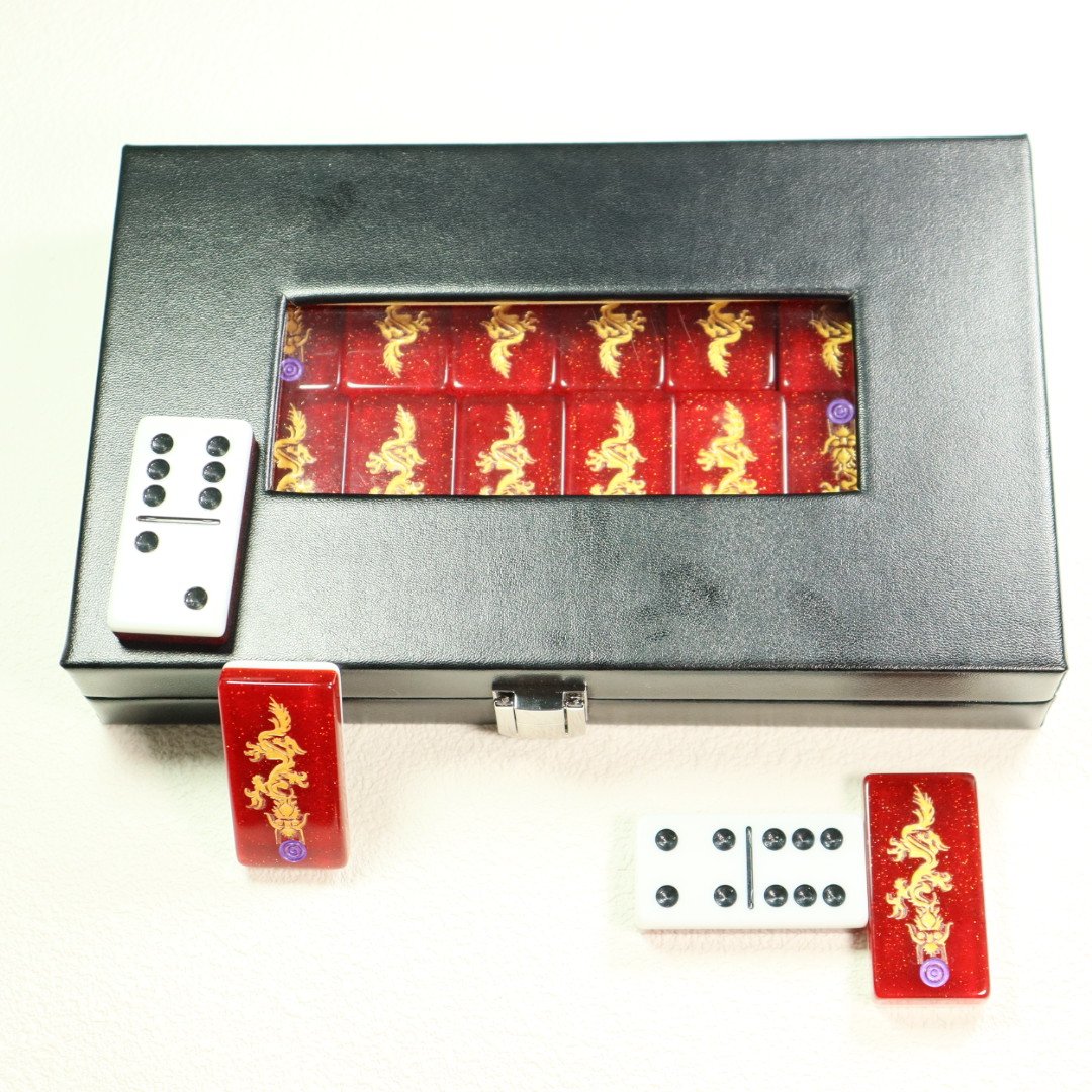 Factory direct sale double six red white and twotoned acrylic domino set with black dot