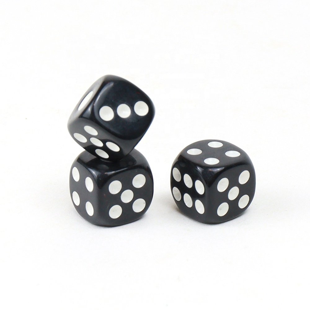 Factory custom 12mm black acrylic dice square d6 sided with round corner and white dot for casino funny games