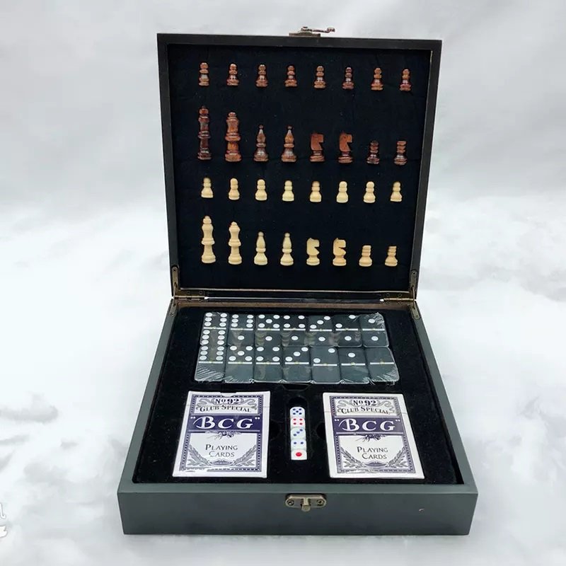 Metier 4-in-1 wooden chess set travel wooden chess game set folding magnetic easy to carry dominoes wooden chess game for adult