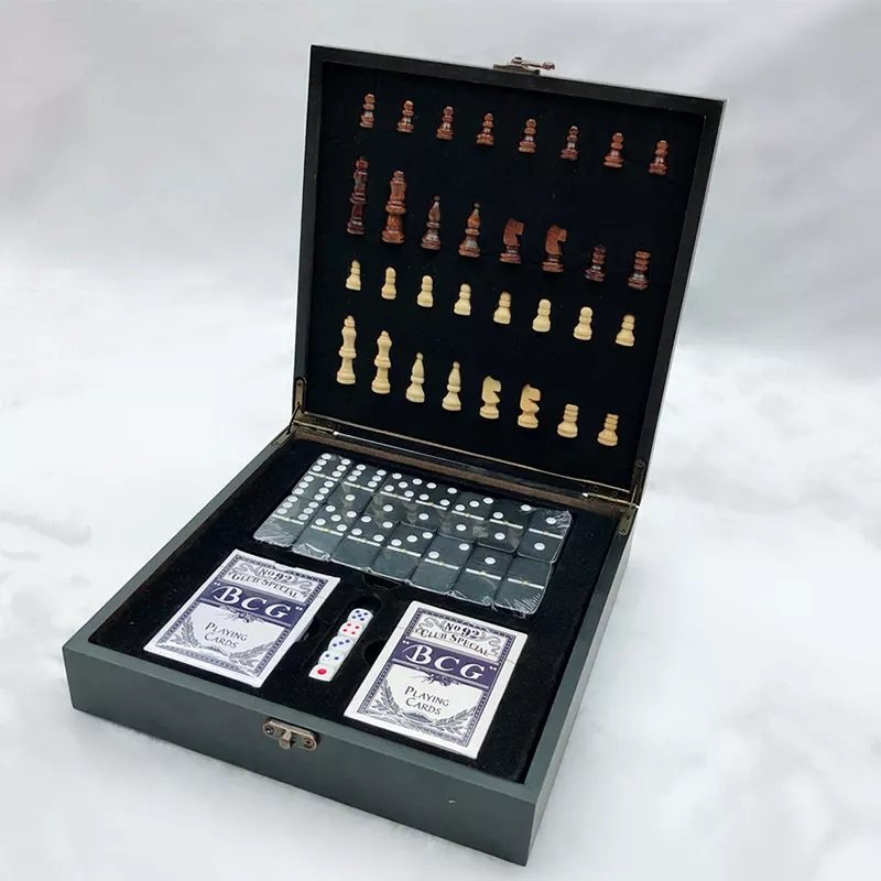 Metier 4-in-1 wooden chess set travel wooden chess game set folding magnetic easy to carry dominoes wooden chess game for adult