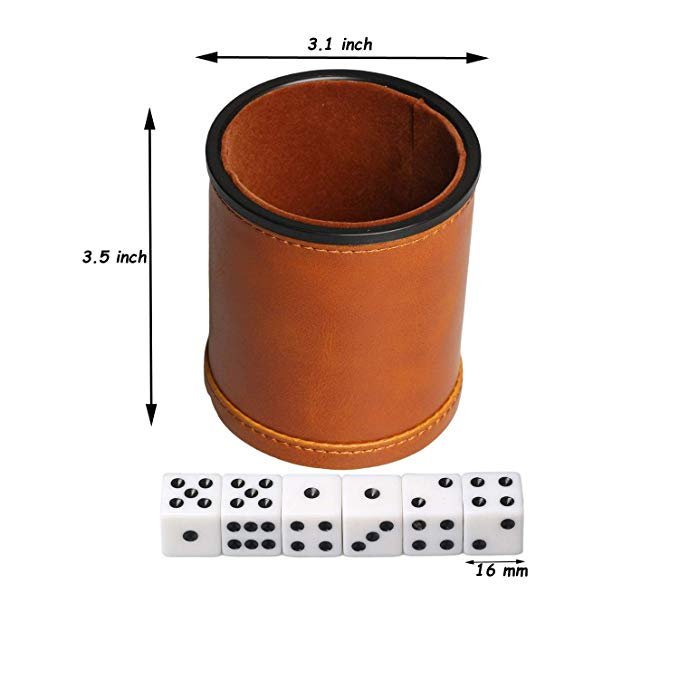 Leather Dice Cup with Separate Lid and Velvet Interior Quiet Includes 6 Dices for Board Game