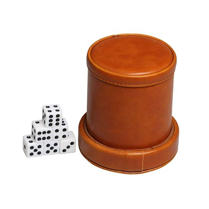 Leather Dice Cup with Separate Lid and Velvet Interior Quiet Includes 6 Dices for Board Game