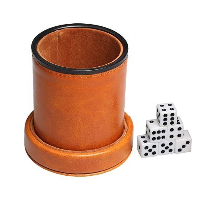 Leather Dice Cup with Separate Lid and Velvet Interior Quiet Includes 6 Dices for Board Game