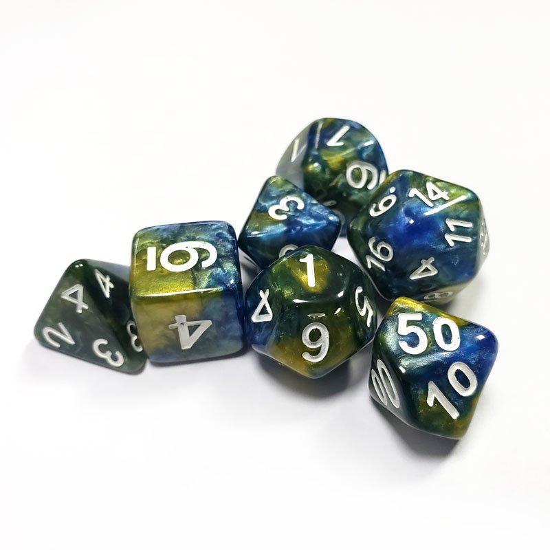 Polyhedral Custom Plastic 7Pcs Dnd Rpg Dungeons And Dragons Stone Resin Dice Set Alternating Yellow And Green