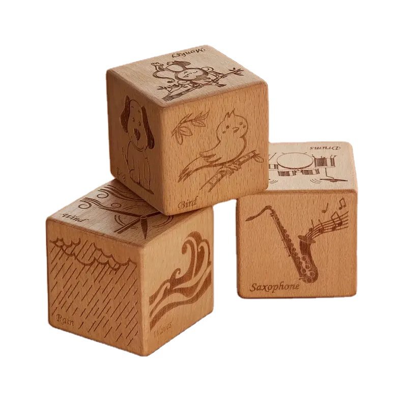 2024 Carved Wood 6 Sided Wooden Square Color Dice Dutch Wooden Color Dice Board game with animal Music Notes Alphabet For Party