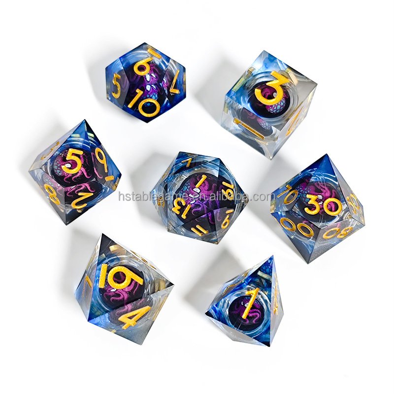 Factory Wholesale Custom Resin Sharp Edge Dice Set 7 Die Polyhedral DND Dice Set for Role Playing Games Dice D&D Blue