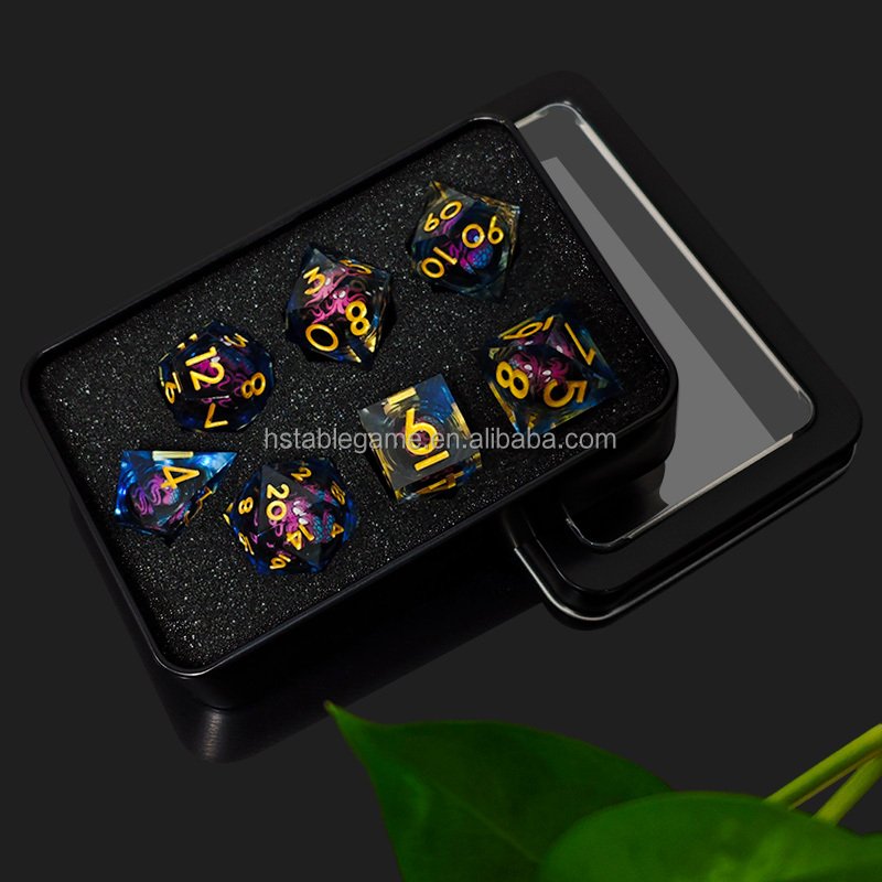 Factory Wholesale Custom Resin Sharp Edge Dice Set 7 Die Polyhedral DND Dice Set for Role Playing Games Dice D&D Blue