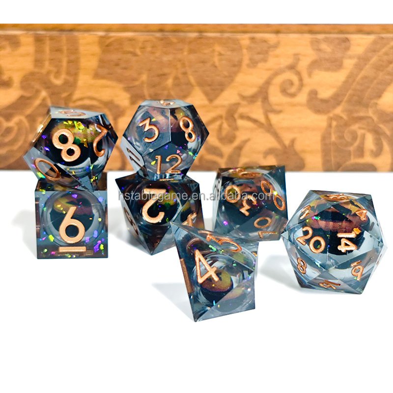 Factory Wholesale Custom Resin Sharp Edge Dice Set 7 Die Polyhedral DND Dice Set for Role Playing Games Dice D&D Blue