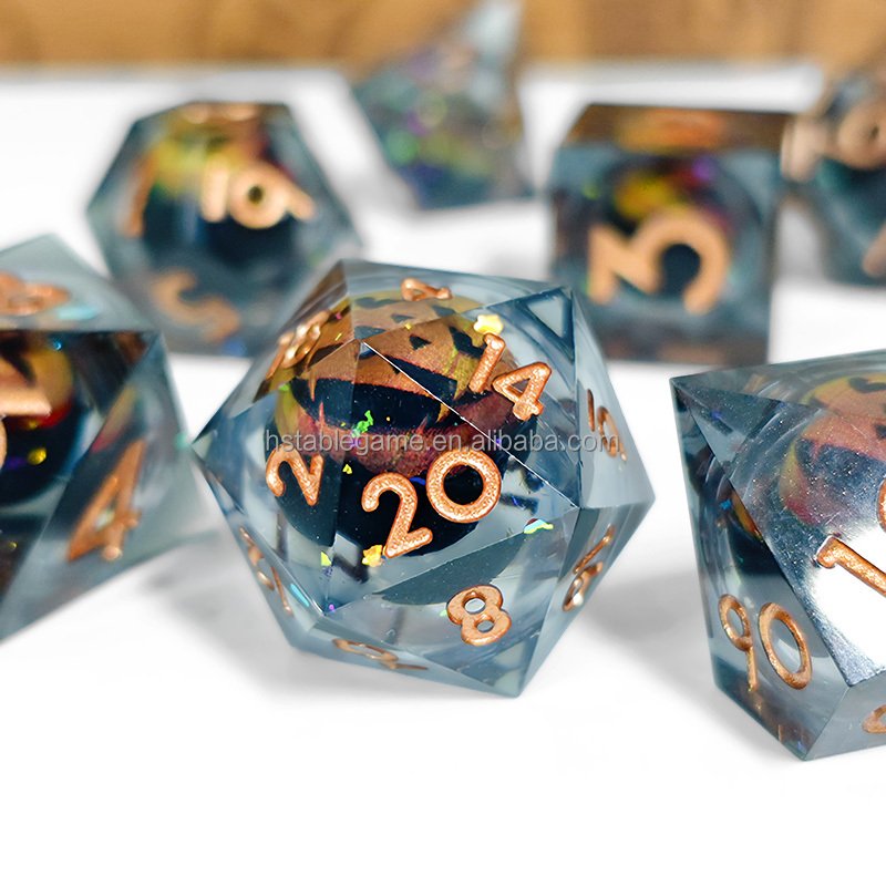 Factory Wholesale Custom Resin Sharp Edge Dice Set 7 Die Polyhedral DND Dice Set for Role Playing Games Dice D&D Blue