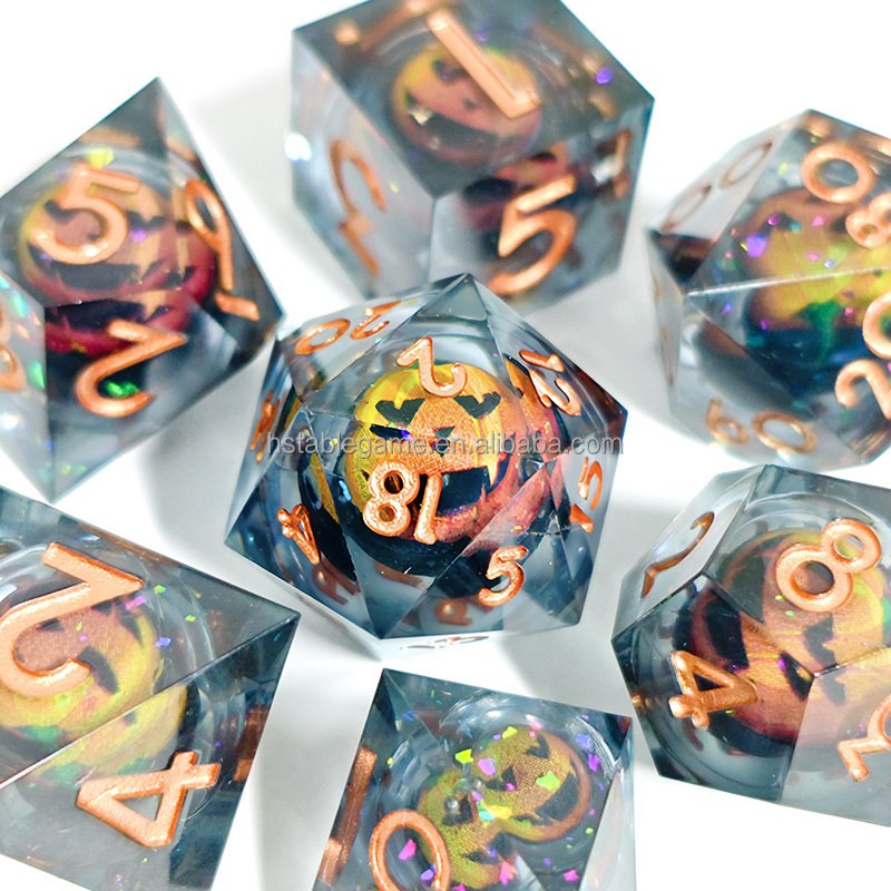 Factory Wholesale Custom Resin Sharp Edge Dice Set 7 Die Polyhedral DND Dice Set for Role Playing Games Dice D&D Blue