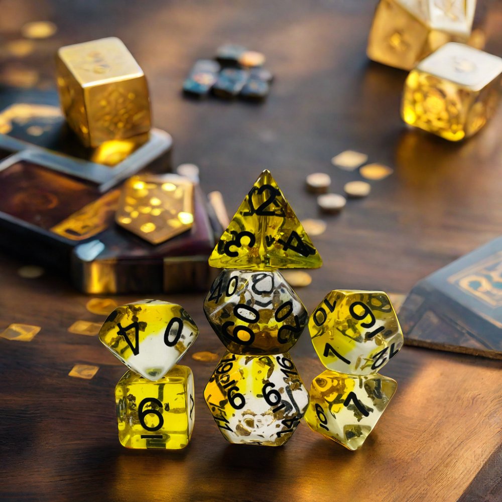 Free Sample Bulk Custom Logo Engraved Polyhedron Resin Dice Set Round Corner Pointy Gold Foil Yellow Transparent Dice Set