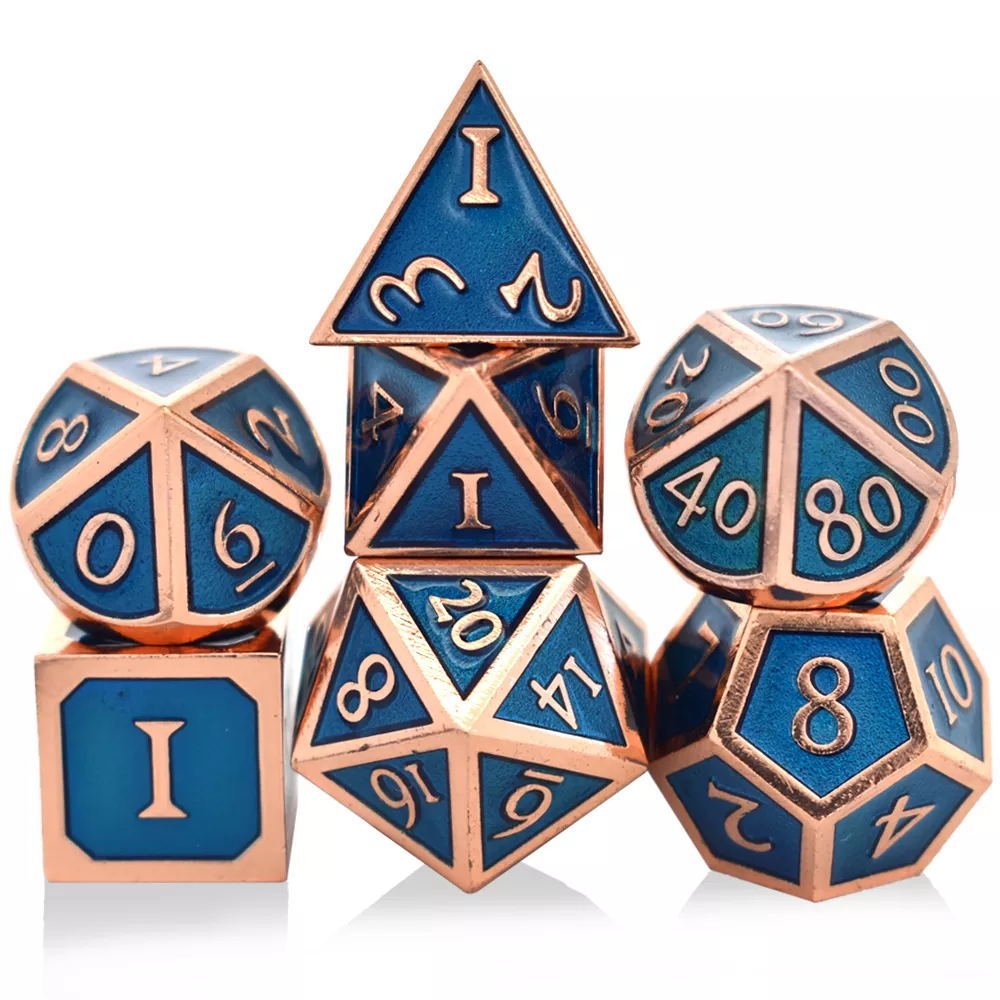 High Quality D20 Size 16mm 20mm Factory Wholesale 7pcs Set Custom Logo Metal Ancient Dice for D&D RPG Dungeons Dragons