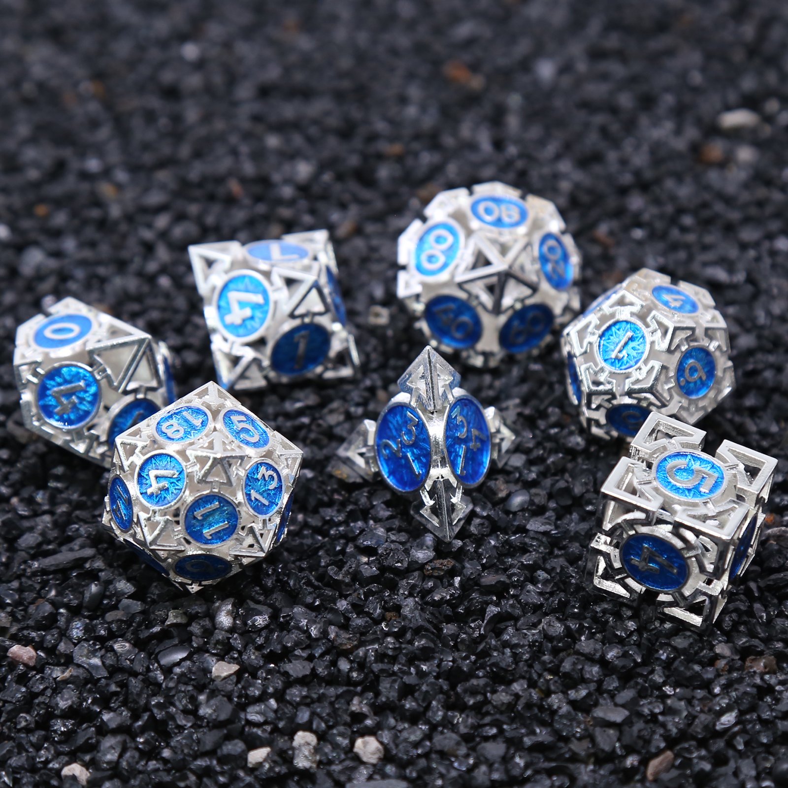 DnD Dragon And Dungeon Polyhedral Bright Silver Blue Dice Roleplay RPG Board Game Hollow Metal