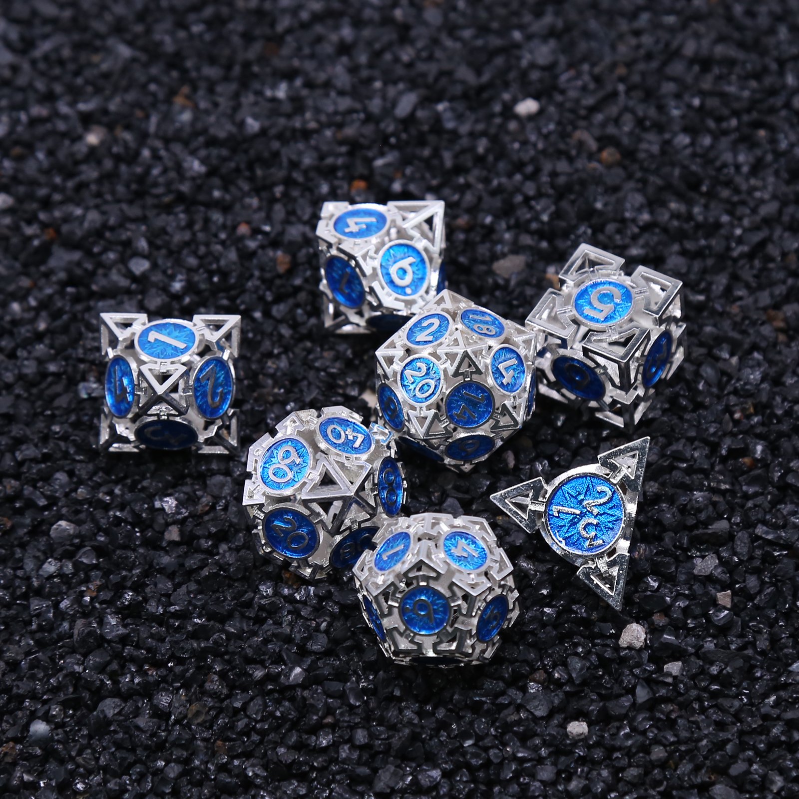 DnD Dragon And Dungeon Polyhedral Bright Silver Blue Dice Roleplay RPG Board Game Hollow Metal