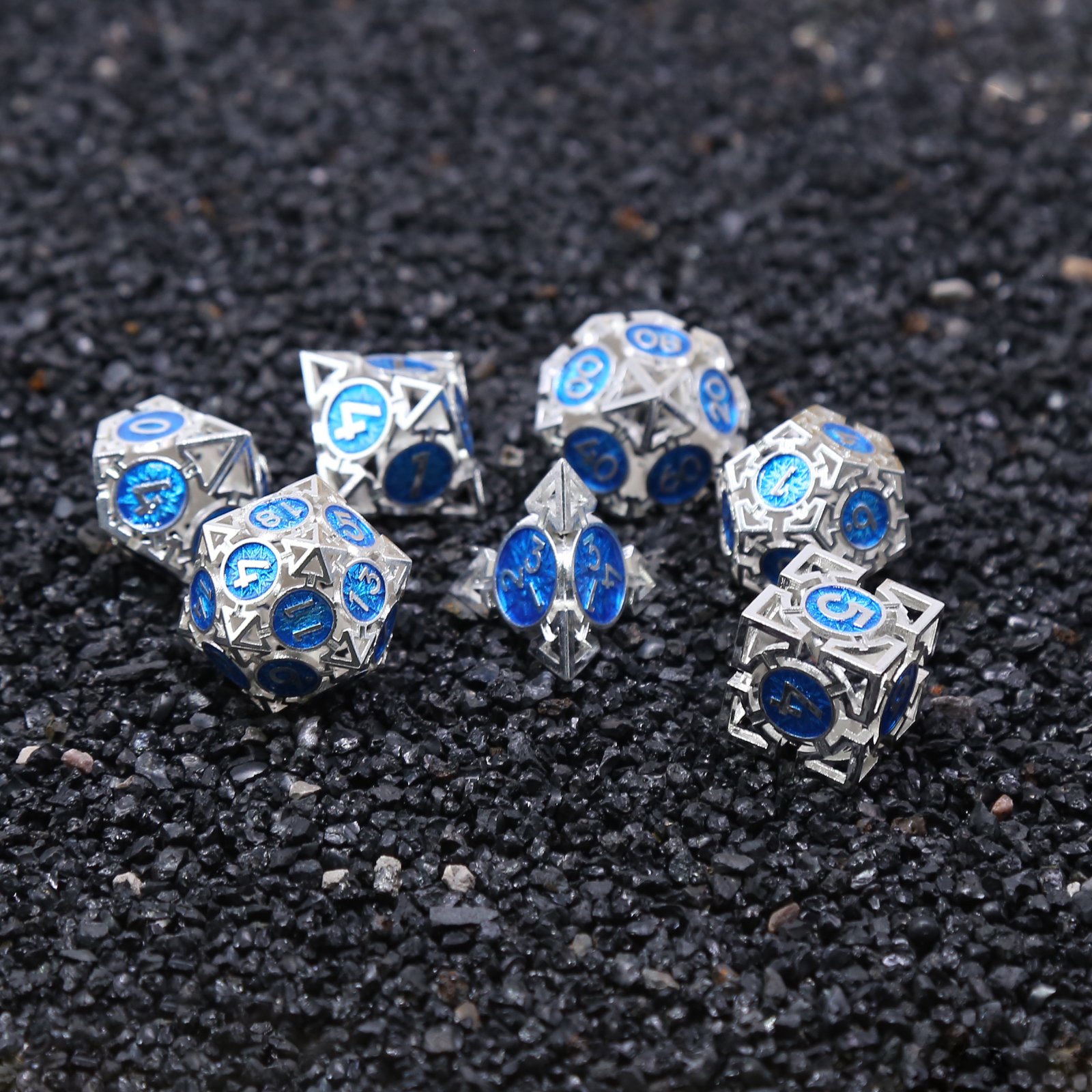 DnD Dragon And Dungeon Polyhedral Bright Silver Blue Dice Roleplay RPG Board Game Hollow Metal