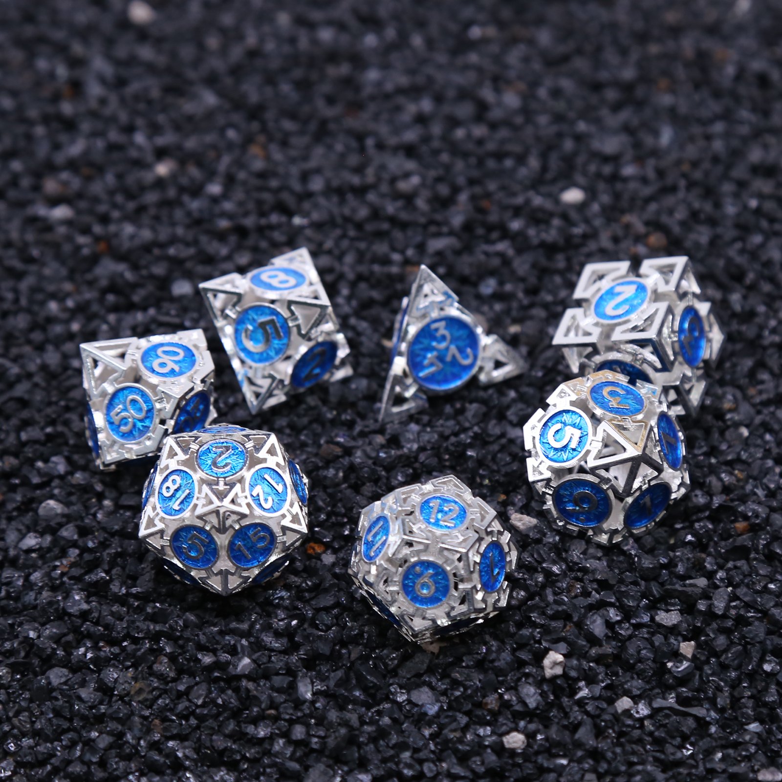 DnD Dragon And Dungeon Polyhedral Bright Silver Blue Dice Roleplay RPG Board Game Hollow Metal