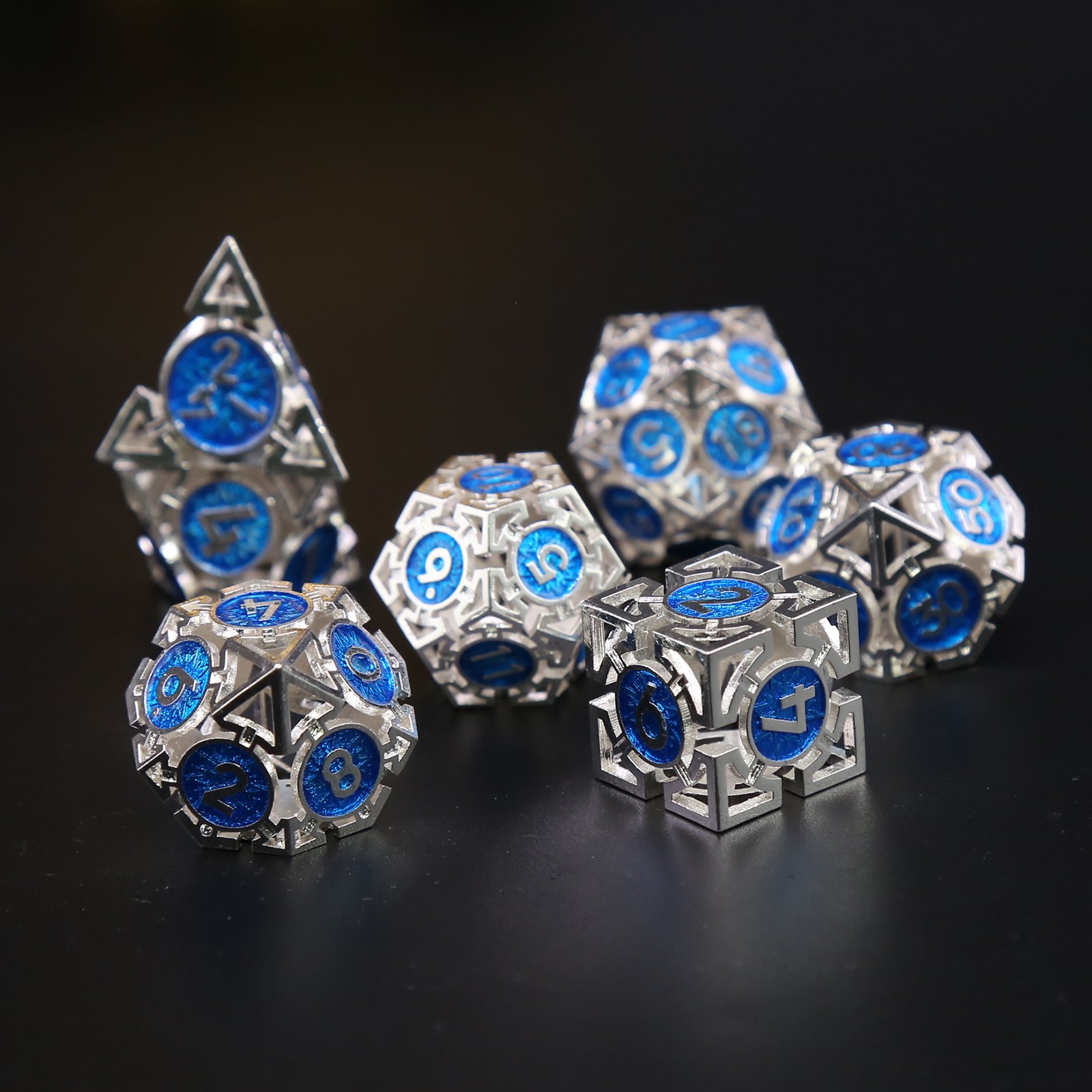 DnD Dragon And Dungeon Polyhedral Bright Silver Blue Dice Roleplay RPG Board Game Hollow Metal