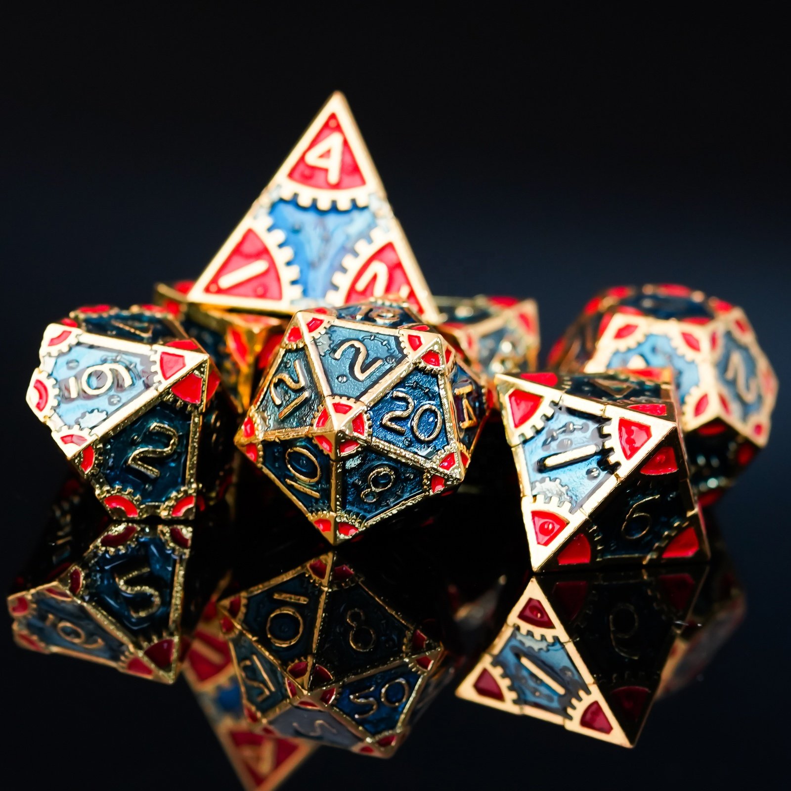 Udixi Metal Polyhedral RPG Board Games Role Play Dungeons and Dragons Dice Set Golden with Blue&Red