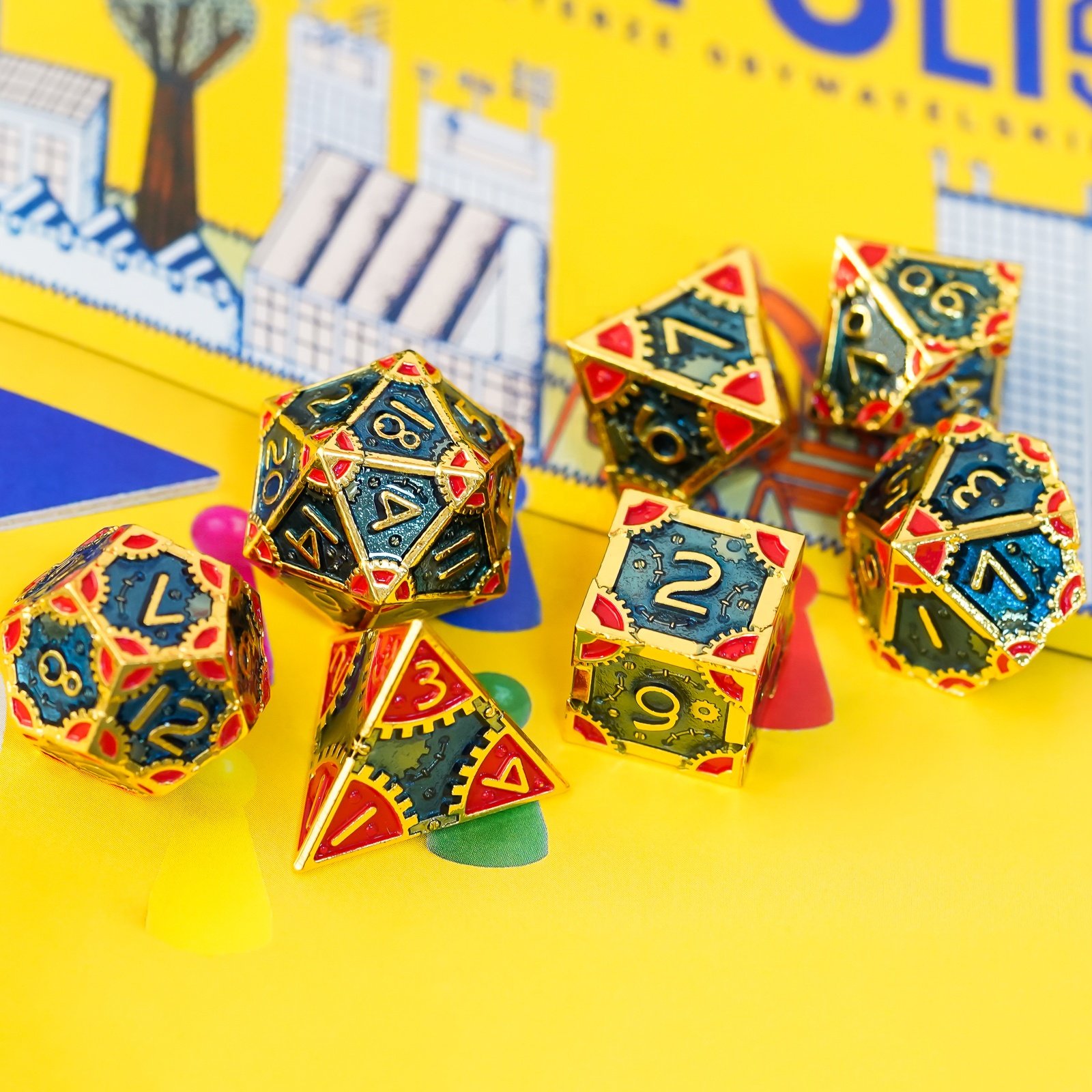 Udixi Metal Polyhedral RPG Board Games Role Play Dungeons and Dragons Dice Set Golden with Blue&Red