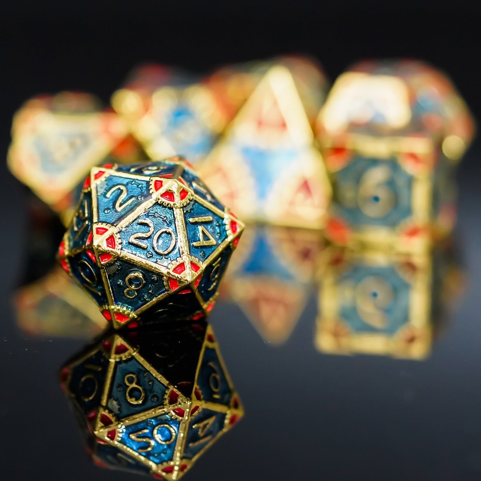 Udixi Metal Polyhedral RPG Board Games Role Play Dungeons and Dragons Dice Set Golden with Blue&Red