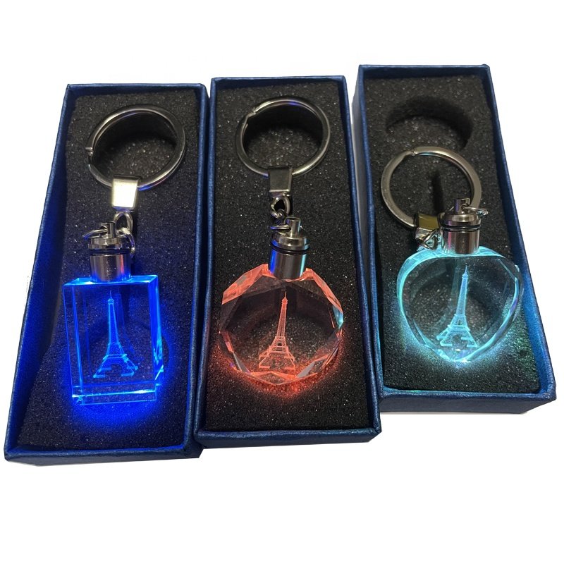 magnifying 3d laser engraved Eiffel Tower Crystal Glass Keychains with STAINLESS STEEL