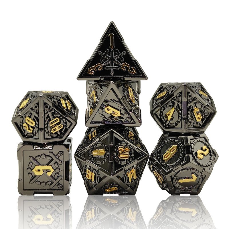 black and red role playing d&d custom polyhedral sword D20 dice tray RPG Dungeons and Dragons tabletop game metal DND dice set
