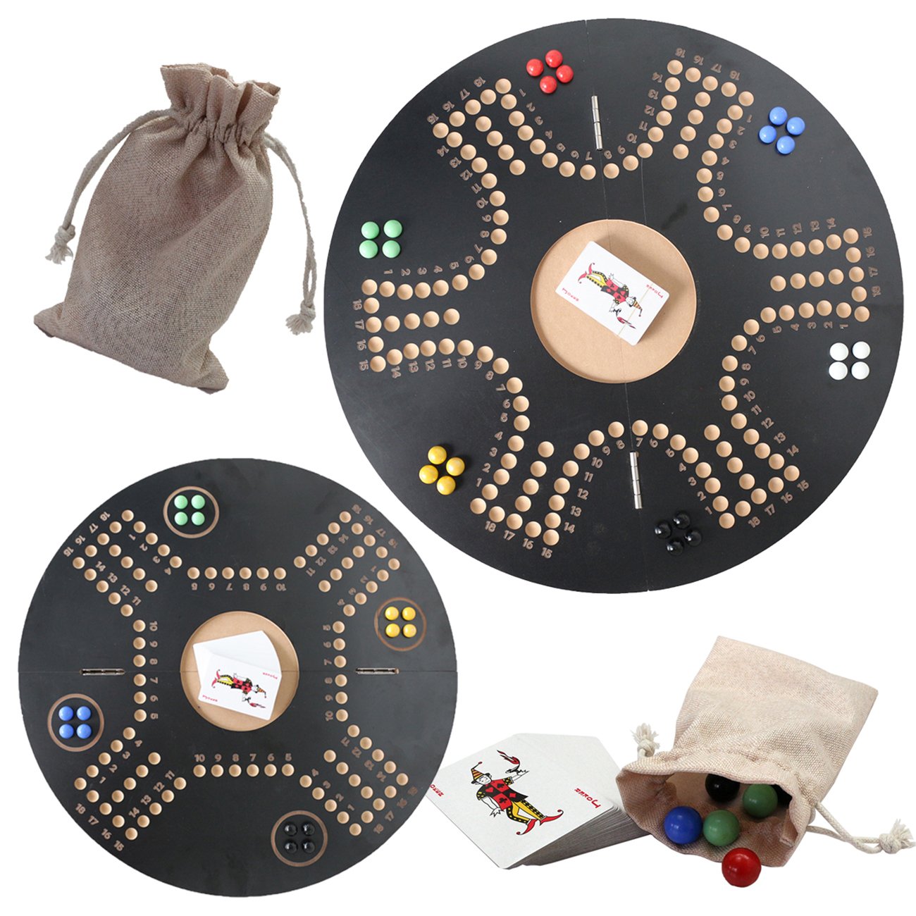 21" Wooden Board Game Original Marble Game Double Sided Painted 2 to 6 Player Fast Track Wooden with 6 Colors 24 Marbles 6 Dice