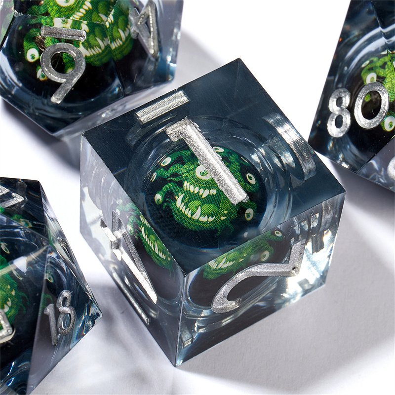 Sharp Edge Resin Dragon and Dungeon 7 D&D Polyhedral Liquid Core Dice Set D20 D12 D10 D8 D6 D4