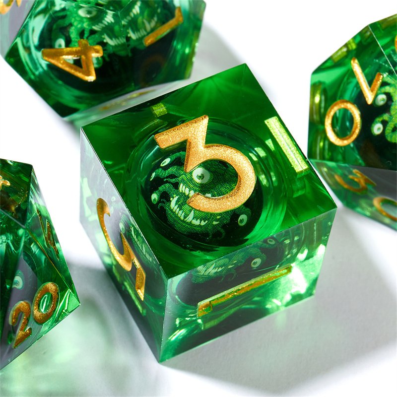 Sharp Edge Resin Dragon and Dungeon 7 D&D Polyhedral Liquid Core Dice Set D20 D12 D10 D8 D6 D4