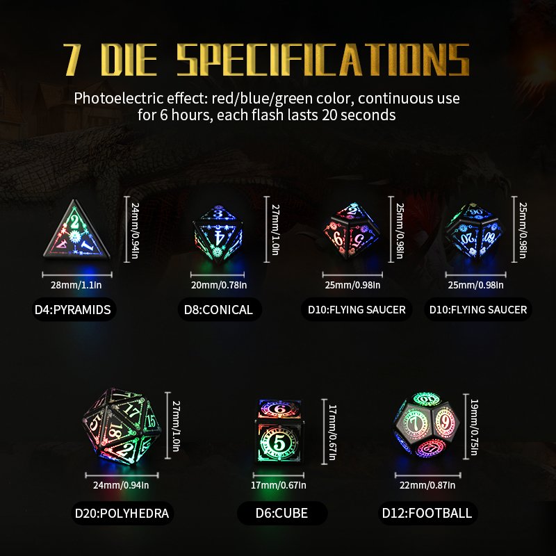 Custom 7 piece Polyhedral Dice Set OEM USB Rechargeable Electric Dice with Charging Box,Light Up DND Dice for Table Games