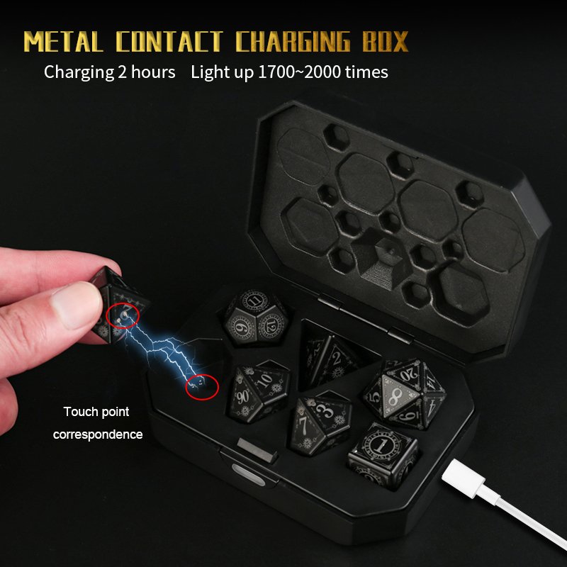 Custom 7 piece Polyhedral Dice Set OEM USB Rechargeable Electric Dice with Charging Box,Light Up DND Dice for Table Games
