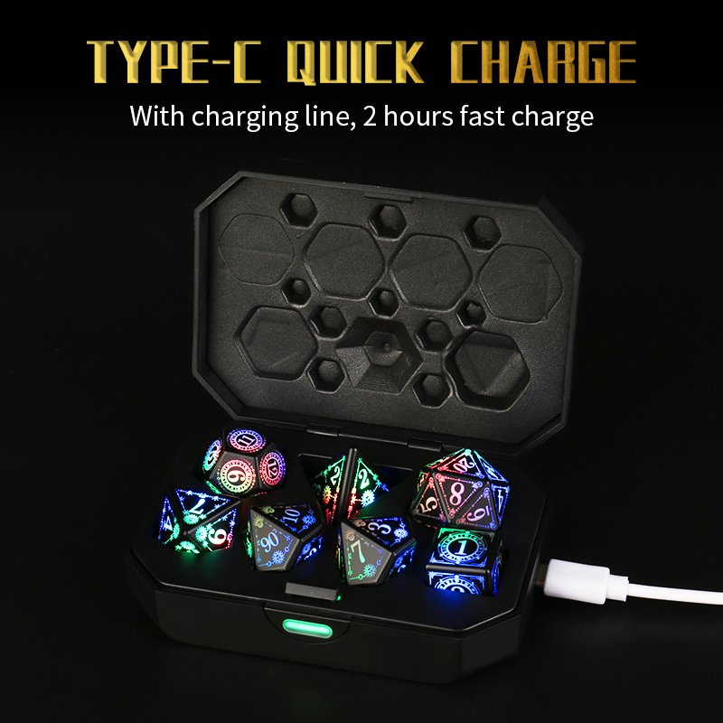 Custom 7 piece Polyhedral Dice Set OEM USB Rechargeable Electric Dice with Charging Box,Light Up DND Dice for Table Games
