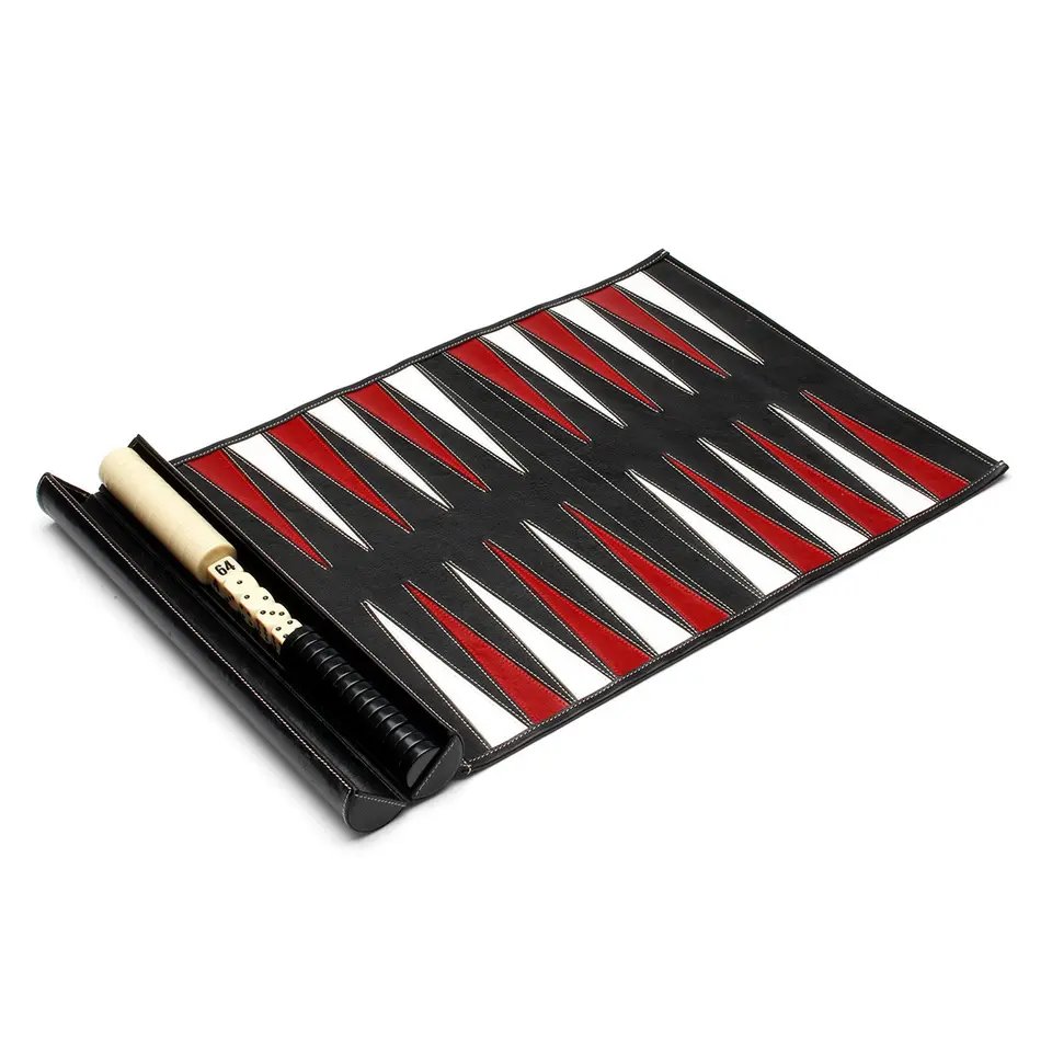 Custom Luxury Quality Genuine Leather Backgammon Roll Up Travel Portable Backgammon Set With Two Dice Cup