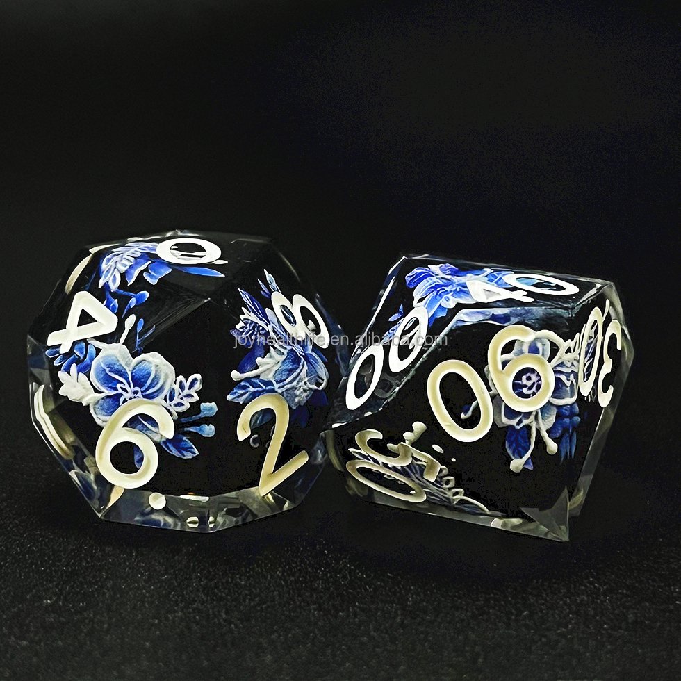 Handmade resin sharp edge flower blue and white porcelain dnd custom dice for adult dice games