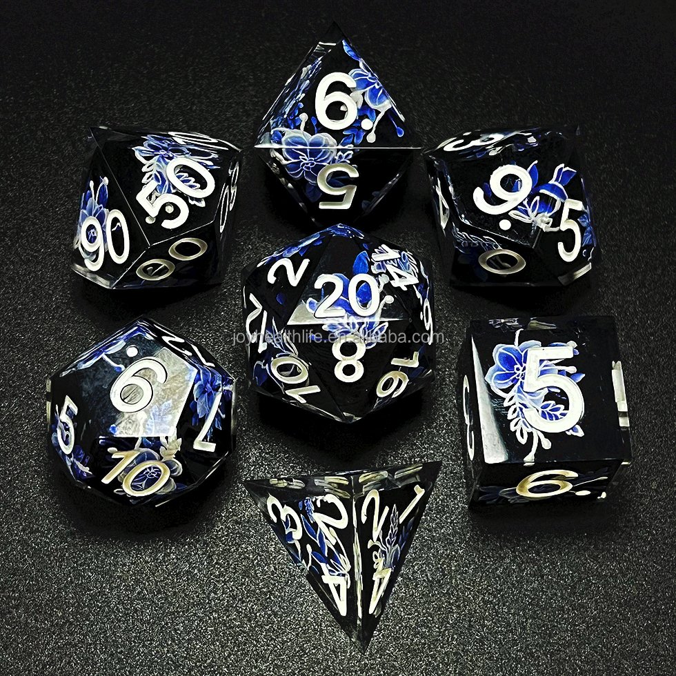 Handmade resin sharp edge flower blue and white porcelain dnd custom dice for adult dice games