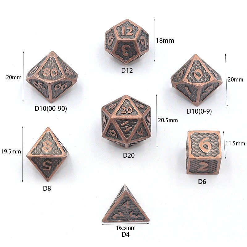 Wholesale 7-Piece Polyhedron DND Metal Mini Dragon Scale D6 and D20 Dice Set