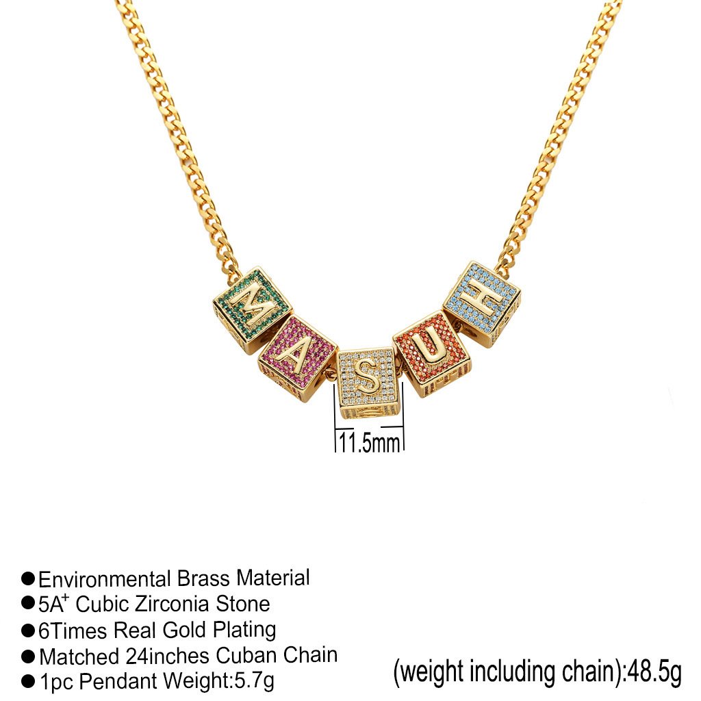 Newest Custom Hip Hop Iced Out Micro Paved Colorful Zircon Dice Cube 26 English Letter Pendant Necklace For Men Rapper Jewelry