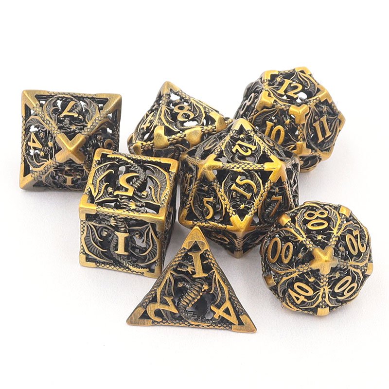 High Quality D20 16mm 20mm Metal Hollow Ancient RPG Dungeons Dragons Dice Factory Wholesale 7pcs Set Custom Logo D&D RPG Games