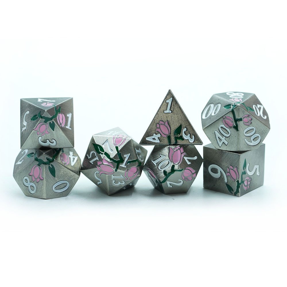 3 Available Colors Kids Toys 7 Piece Polyhedral Mini 16mm Dnd Metal Flower Dice Set For Rpg Game